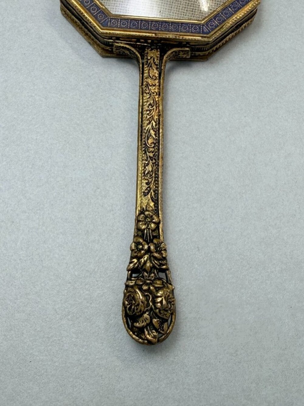 Vintage Ornate Hand Mirror Floral Needlepoint Gold Tone Small Vanity Mirror - Picture 3 of 11